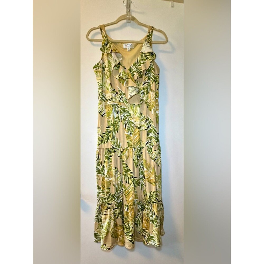 SOHO Beige Maxi Dress with Green Leaf Print and Ruffle V-Neckline